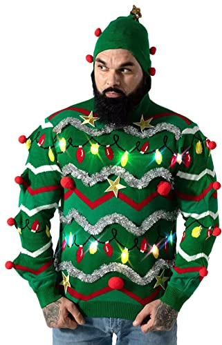 U Look Ugly Today Pull de Noël tricoté à LED - Motif Rudolphe, Père Noël, renne, flocons de neige, sapin de Noël (unisexe), L