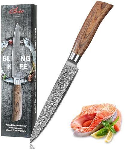 Wakoli EDIB Pro Damast Fleischmesser & Tranchiermesser aus echtem Damaststahl (VG10 Kern) 17 cm Klinge – Scharf & präzise – Damastmesser mit Pakkaholzgriff in Geschenkbox – Küchenmesser & Bratenmesser