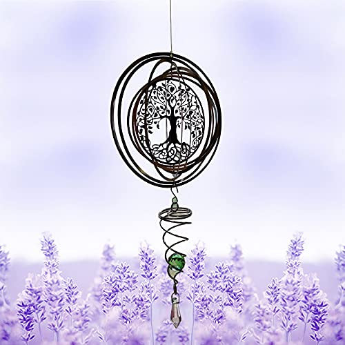 3D Metal Wind Hanging Spinner, Sun Spiral Wind Chimes, Wind Sculptures Hanging with Gazing Ball Spiral Tail, Stainless Steel 360 Degrees Spin Decor for Indoor Outdoor Garden (Tree of life 15cm)
