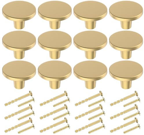 BIGLUFU 12 Pcs Brass Drawer Knobs, 1.18/30mm Round Kitchen Cabinet Knobs, Furniture Door Handles Cupboard Pulls with Screws, Brushed Finish (Gold)