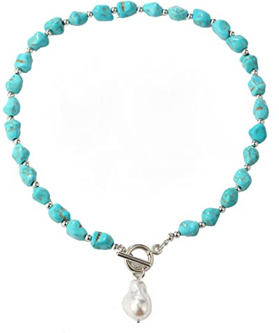 HMOOY Türkis Halskette, Vintage Böhmische Türkis Perlen Halskette Verstellbare Lange Türkis Tropfen Anhänger Halskette Western Ethnische Boho Schmuck für Damen Mädchen