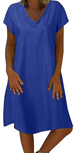 Xmiral Abito Donna Tinta Unita Manica Corta Scollo a V Abito di Media Lunghezza Borsa Sacca (XL,Blu-b)