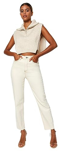 TRENDYOL Damen Gerade Mama Hohe Taille Jeans, Ekru, 38 EU