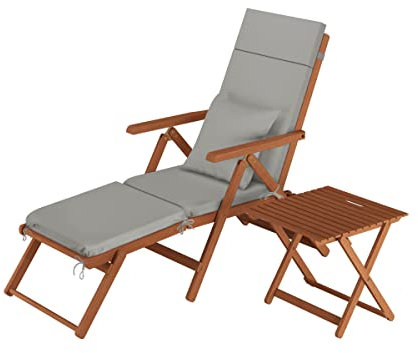 Erst-Holz Deckchair, Balkonstuhl, Klassische und robuste Balkonliege mit Tisch wählbarem Zubehör V-10-200T, Ausstattung Liegestuhl:Polster grau + Kissen