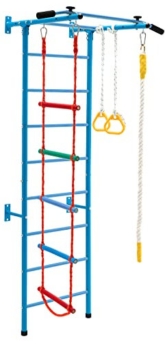 COSTWAY Swedish Ladder Set, Gymnastics Wall Gym with Climbing Frame, Pull-up Bar, Ropes and Rings, Indoor Suspension Trainer Stall Bar for Kids 3+ Years Old (no Rope Wall & Monkey Bar, Blue)