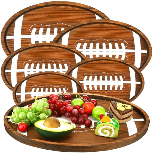 Nitial 5 Pcs Wooden Football Shaped Plates, Solid Wood Construction, Brown, Round, Football-shaped, Reusable, 5 Sizes: 7, 9, 11, 13, 15 Inch, Party, Tailgate Party Serving Platter