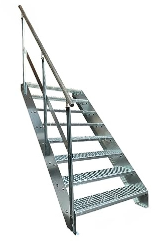 Kaminbau Mierzwa Escalier en acier de qualité supérieure avec garde-corps gauche, galvanisé, 8 marches en caillebotis, largeur : 1000 mm, hauteur : 152 cm, résistant aux intempéries, pour le jardin
