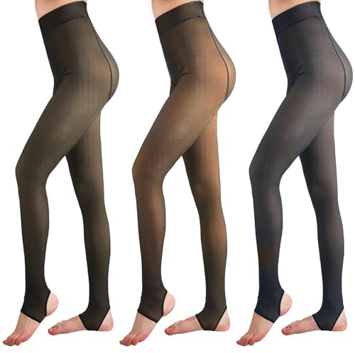 Eurzom 3 Pairs Fleece Lined Stirrup Tights Women Fake Translucent Thermal Elastic Skin Colored Tights Warm Pantyhose(80g,L/XL,Black Coffee and Gray)