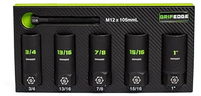 GRIPEDGE Tools | 5-PC – 1/2'' Drive Deep SAE RPT Socket Extractor Set | Sizes 3/4'' – 1'' | Removes Broken Studs, Stripped Bolts and Lug Nuts | Includes Premium EVA Foam Storage|