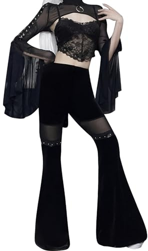FEOYA Damen Schwarze Gothic Hose Sexy Vintage Samt Schlaghose Spitze Hohe Taille Hosenglocke Skinny Solide Leggings Goth Punk Hippie Hose B6 M
