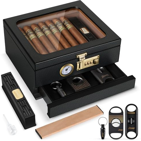 Tesonway Zigarren-Humidor, Zedernholz Humidor Zigarrenbox, Glasplatte Desktop Humidor mit Front-Hygrometer, Luftbefeuchter, Trennwand, Zubehörschublade und Zahlenschloss, Zigarrengeschenke für Männer