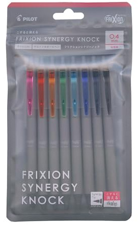 PILOT Frixion LFSK-14-8C Synergy Knock, einziehbare, radierbare Gelschreiber mit Synergy-Spitze, nachfüllbar, extra feine Spitze, 0,4 mm, 8 Stück