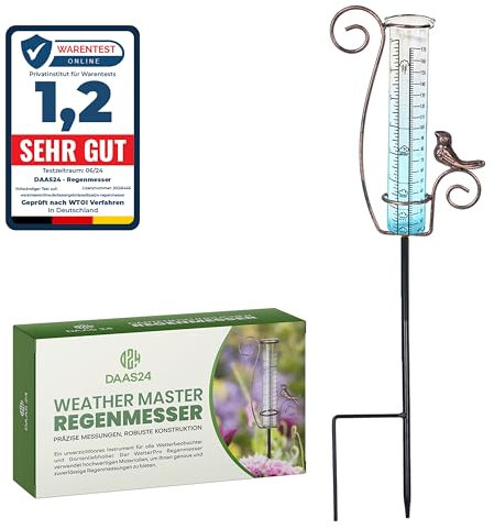 DAAS24 Regenmesser – Regenmesser für Garten – Frostbeständiges Glas – Niederschlagsmesser – Flexibel platzierbar – Gartendeko – Geschenk für Gartenliebhaber