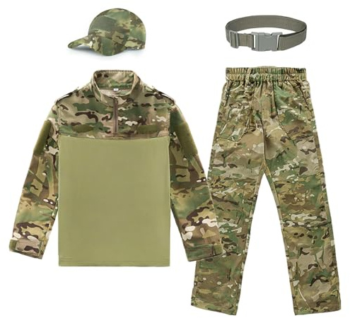 QIYUANT Enfant Ensembles T-Shirt & Pantalon Tactique Camo Airsoft Militaire Camouflage Printemps Été Automne Combat (CP/T-Shirt + Pantalon + Casquette + Ceinture, 150)