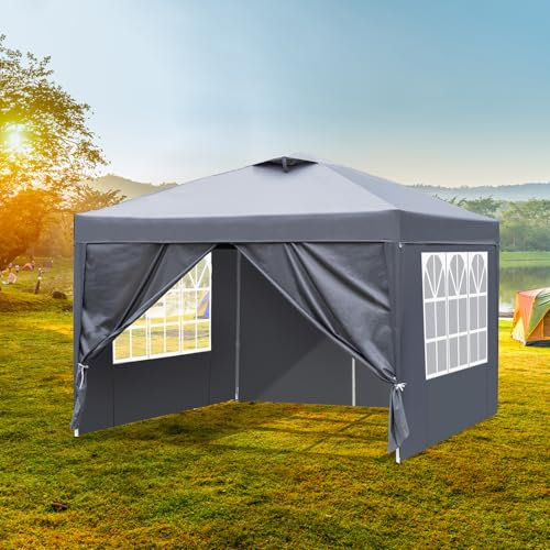 Bonnlo Pop-up Pavillon, Faltpavillon 3x3m, Höhenverstellbar, Wasserdicht Partyzelt mit 4 Seitenteilen, Gartenpavillon für Outdoor Hochzeit Garten Camping Party, Grau