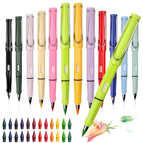 OT-NVWOZR 12 Stück Bunte Ewiger Bleistift, Unendlicher Bleistifte mit Radiergummi und 24 Wechselkopfm Tintenlose Bleistifte Zauberbuntstifte Magic Pencil Infinity für Erwachsene Studenten