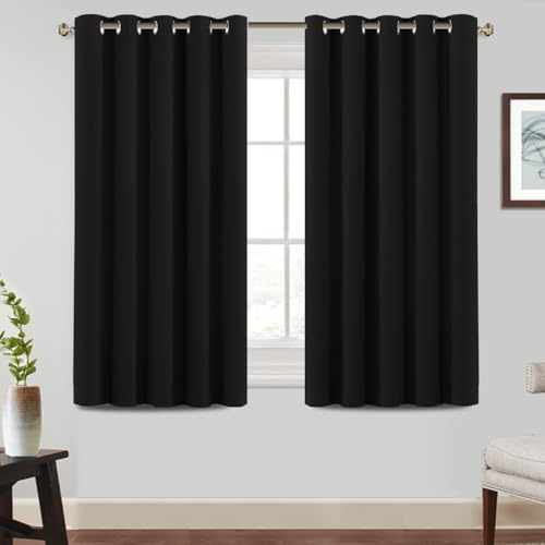 BellaHills 100% Blackout Curtains for Bedroom Thermal Insulated Blackout Curtains Heat and Full Light Blocking Eyelet Curtains for Living Room with Black Liner 2 Panels, 66 x 54 Inch, Black