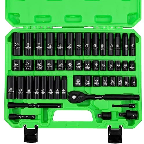 SWANLAKE 3/8 Drive Impact Socket Set, 50-Piece Standard SAE (5/16 to 3/4 inch) and Metric (8-22mm) Size, 6 Point, Cr-V, 3/8-Inch Ratchet Handle, Extension Bar, Universal Joint