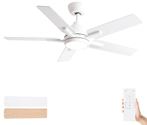 Sevenine 42 Inch Ceiling Fans with Lights and Remote, White Ceiling Fan with 5 Balde for Outdoor/Bedroom Living Room, Downrod, 6 Speed Reversible DC Motor, 3CCT Dimmable Timer Noiseless, ETL Listed