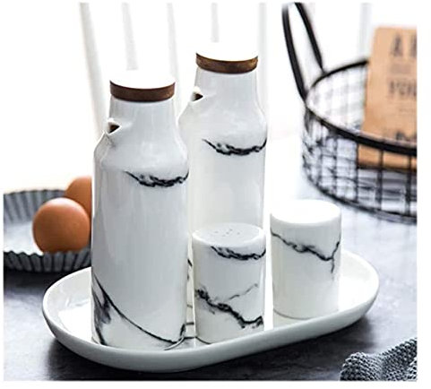 DDNGEJ Ölkanne, Oliven- oder Essigflasche, auslaufsicher, 5-teilig, Bambus/Keramik-Ölflasche, Küchenölspender, Behälter, auslaufsicherer Ausgießer, Saucen-Menage, 400