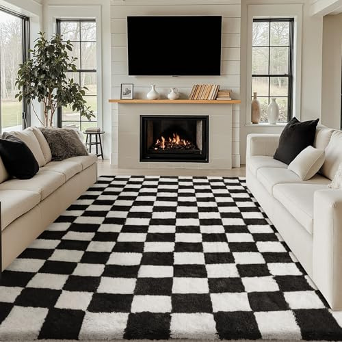 HUGEAR Kariert Flauschig Teppich Wohnzimmer 180x270 Teppiche Schwarz Weiß Shaggy rutschfest Kinderzimmer Mädchen Junge Carpet Schlafzimmer Hochflor Weich Groß Carpets