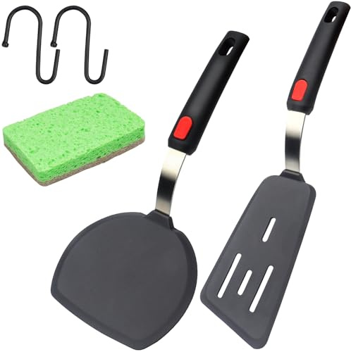 Roellgs 2 Pieces Food Grade Silicone Slotted Fish Turner Spatula Set Kitchen Utensils for Baking, Cooking Heat Resistant Non Stick Cookware Strong Stainless Steel Core Inside Dishwasher Safe