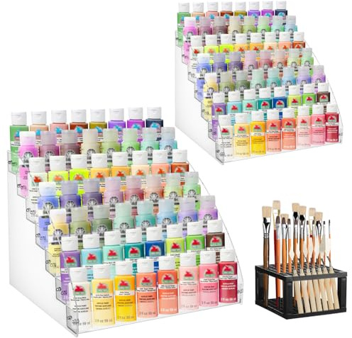 YEXEXINM 2 Pack 7 Tiers Clear Acrylic Paint Organizer with Brush Holder,paint Organizers Set Miniature Paints Holders, 7 Layers Paints Storage Rack, Craft Paint Rack
