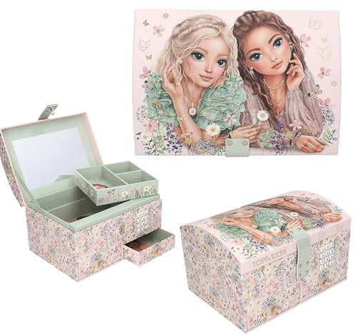 Depesche 13579 TOPModel Summer Feeling - Grande boîte à bijoux en rose, avec motif de modèle et détails floraux, boîte à bijoux avec code, son et miroir