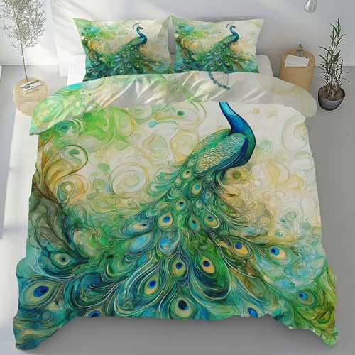 Meugesoi Tier Pfau Bettbezug 135x200 cm mit 2 Kissenbezüge 80x80 cm, Pfau Feder gedruckt Bettwäsche 3-Teilig mit Reißverschluss Bügelfrei, Bettwäsche Set Mikrofaser Weich