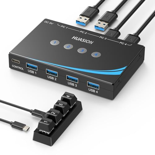 USB 3.0 Switch 4 Computers Sharing 4 USB Peripherals Mouse Keyboard Scanner Printer with 3.5mm Headset Jack Audio Out Including 4 USB 3.0 Cables and desktop controller