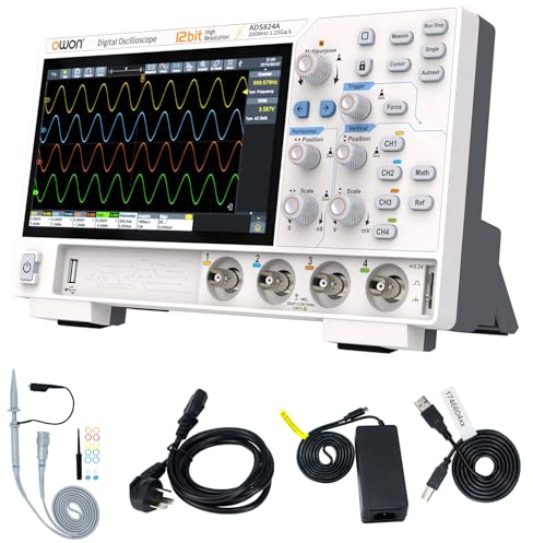 OWON ADS824A Oscilloscope Numérique 4 Canaux 200 MHz, Haute Précision 12 Bits, 700 k wfms/s, 50 Mpts de Mémoire, Écran Tactile, Décodage CAN/LIN, FFT, HDMI USB Type-C, Idéal Automobile et Laboratoire