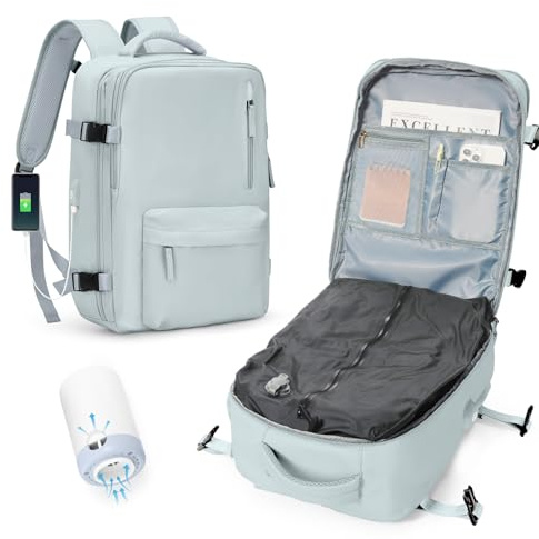 VENATIN Mochila Compresion al vacio Mochilas de Viaje al vacío con Bomba, Equipaje de Mano de Grand Capacidad con Sistema, Mochilas EasyJet Cabina de Mano con compresión para, Azul Claro