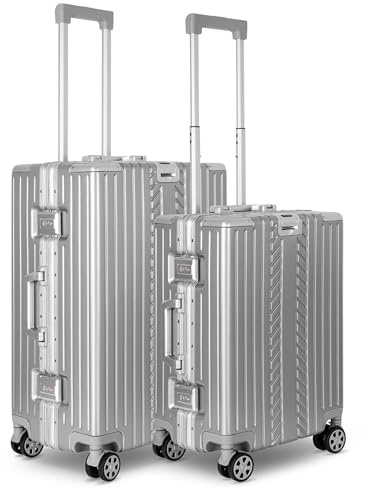 WINLIFE SPARSET M+L Reisekoffer Alu-Rahmen mit ABS & TSA Nummern-Schloss Handgepäck M(53cm)+Checkin-Trolley L(65cm) Hartschalenkoffer | Silber