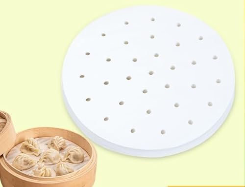 100 Pcs Air Fryer Parchment Paper Bamboo Steamer Liner Non-stick Mini Steam Paper with Holes White Anti-Stick Perforated Papel for Steamed Buns Dumplings Cake Baking Basket (5 inch)
