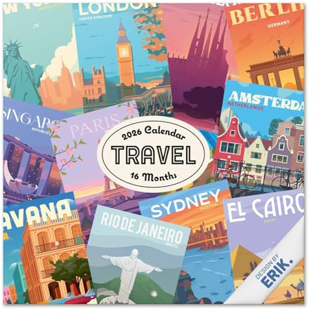 Grupo Erik - Calendrier 2026 Mural Voyages - Calendrier Mural 2026 Mensuel │ Idee Cadeau : Calendriers Muraux │ De Janvier à Décembre : Espace pour notes et Illustrations décoratives (30x60 cm)