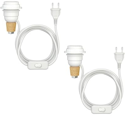 ledscom.de: 2 lámparas de mesa FLAKO de corcho con interruptor y cable textil, blancas, 1 casquillo E27 de máx. 60 W, sin botella ni bombilla