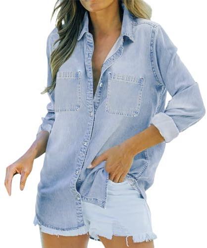 KBOPLEMQ Camisa vaquera de manga larga para mujer, blusa con botones, camisas vaqueras vintage lavadas, blusa vaquera informal, corte regular, chaqueta vaquera con bolsillos en el pecho, monocolor