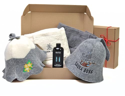 SAUNA GURU Coffret cadeau sauna pour couples – 2 serviettes de sauna kilt en 100 % coton, 2 chapeaux de sauna brodés et infusion de sauna à l'eucalyptus – Ensemble d'accessoires de sauna naturels pour