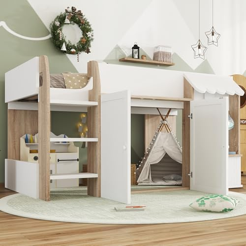 ANIROY Wooden Bed, High Sleeper Bed with Storage Cabinets & 3-Step Ladder, 3ft Single Beds 90×190cm with Slats Frame and Guardrail, Without Mattress, White