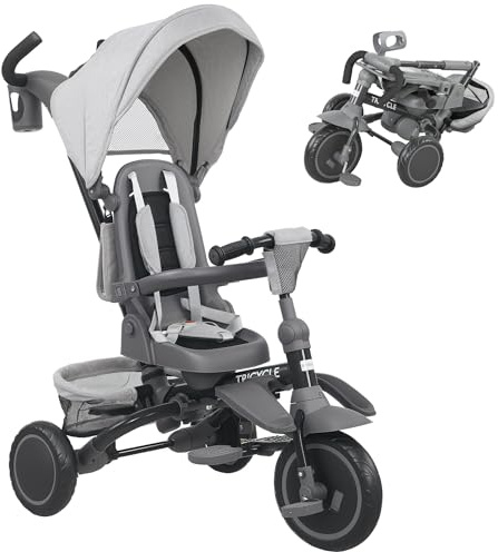 AIYAPLAY Triciclo Evolutivo 6 en 1, Triciclo para Bebés Plegable, 1-5 Años, Asiento Giratorio de 360°, Mango Parental, Respaldo Reclinable, Toldo, Cinturón de Seguridad, Cesta, Reposapiés, Gris