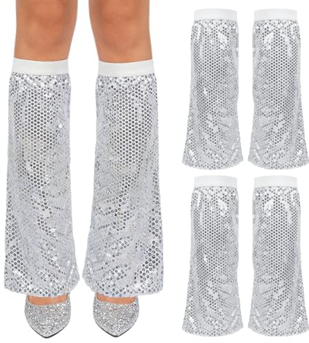 GYIOFAI 2 Paar silberfarbene Pailletten-Beinstulpen, 70er-Jahre, Disco-Kostüm, Pailletten, Disco-Kleidung, Zubehör, Retro, 70er-Themenparty, Hippie-Kostüm für Damen, Disco-Party, Hippie, Karneval