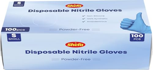 Shefa Guantes desechables de nitrilo azul, pequeños, multiusos, sin polvo, caja de 100 guantes, azul, (100, S)
