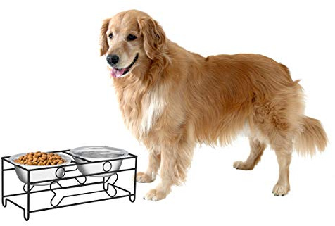 PETMAKER Gamelles surélevées pour Chien et Chat – Support décoratif surélevé de 16,5 cm de Haut avec 2 gamelles de Nourriture et d'eau en Acier Inoxydable – Capacité : 1,2 l chacune – Noir