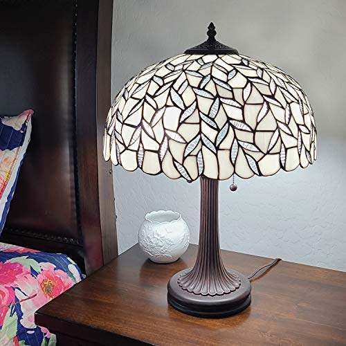 Amora Lighting Tiffany Style Table Lamp Banker 23 Tall Stained Glass White Mahogany Elegant Vintage Antique Night Stand Light Décor Living Room Bedroom Handmade Gift AM332TL16B