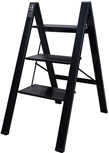 BAOYOUNI Trittleiter, Leicht, Klapptrittleiter, Aluminium Sicherheits Stehleiter, mit rutschfeste Breites Pedal, 3 Stufen, für Haushalt, Büro, Tragbares Lagerregal, Malen und Pflanztöpfe, schwarz