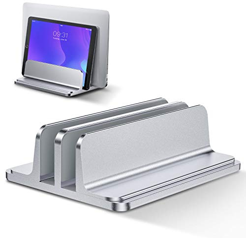 Bewahly Double Support Ordinateur Portable Vertical, Support PC Portable en Aluminium Réglable Bureau Laptop Stand pour MacBook Pro/Air, iPad, Surface, HP, Lenovo, Tablette et Autre Laptops - Argenté