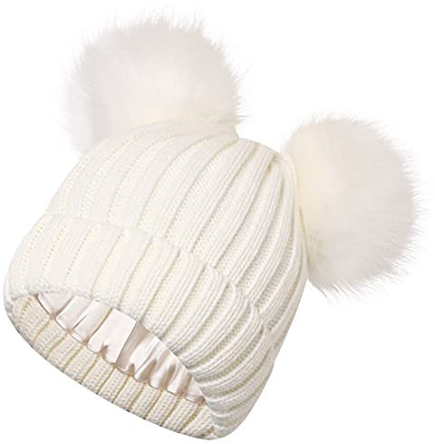 Roniky Damen Wintermütze mit Zopfmuster, Seidensatin, gefüttert, Beanie-Mütze für Frauen und Mädchen, Doppel-Kunstfell-Pommel-Ohren, Weiß, Einheitsgröße