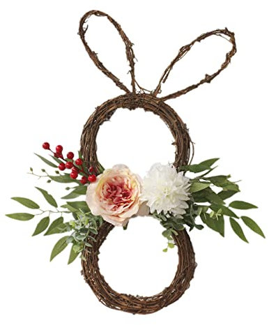 RSTYS 49,7 cm künstlicher Hasenkranz, handgefertigter Rattan-Girlande, Osterkranz mit Blume, Beere, Hasenförmiger Zweig für Wand, Heimdekoration