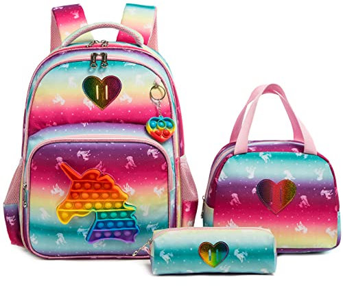 Egchescebo Sac a dos D'école Pour Enfants Cartable Fille Livre Primaire Voyage Licorne des Jouets Travel Bag Personnalisé Enfant Sport Avec Boîte à Lunch et Pochette à Crayons de 17 3PCS Rose
