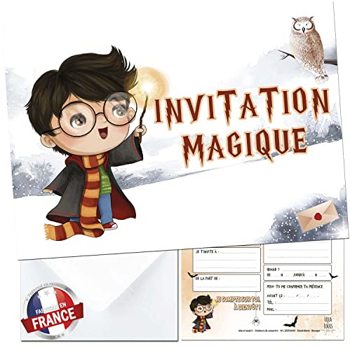 Lola et Louis (L&L) 10 cartes invitation anniversaire en Français • 10 enveloppes • Inspiré par Harry Potter • Cartons pour inviter filles et garçons